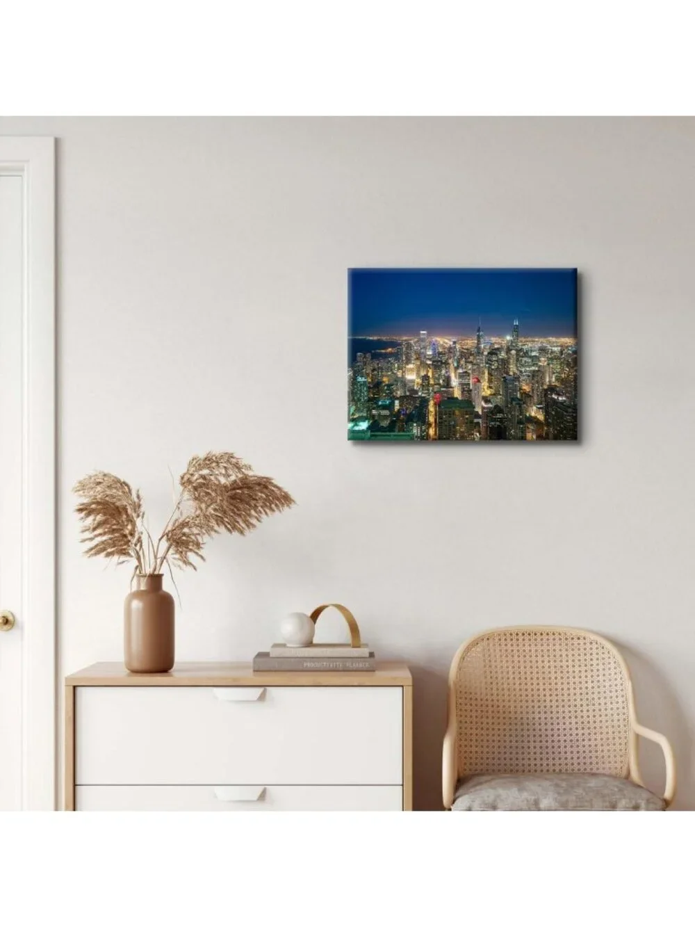 Chicago Skyline Canvas Art - Modern Cityscape Night Scene Wall Decor 12x16